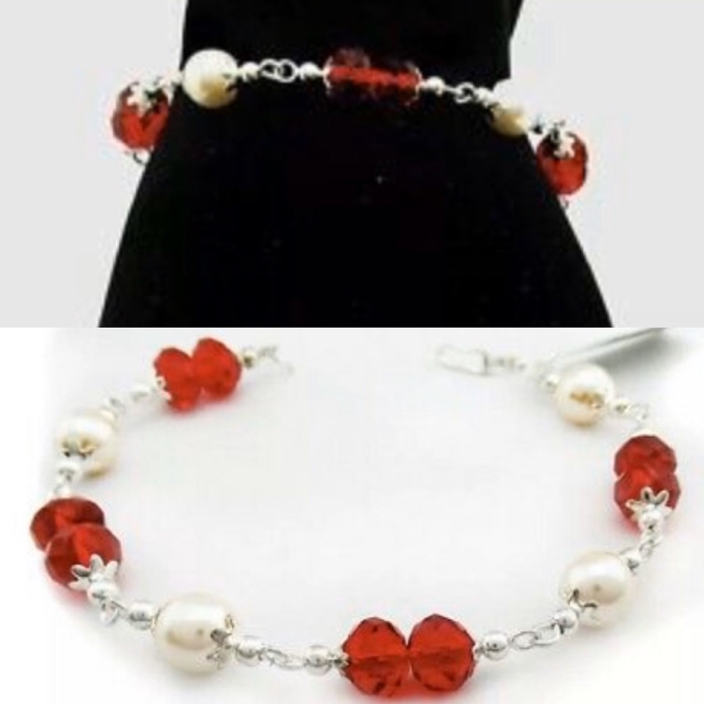 Genuine Sterling Silver Pearl/RedCrystal Bracelet